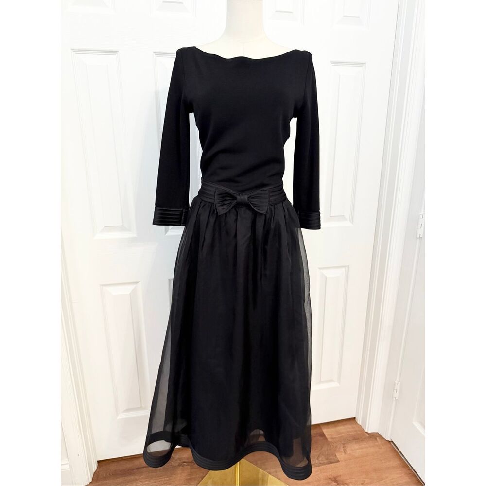 Vintage Tadashi Black Silk Bow Trim Organza Flowy A-Line Midi Dress Size 6